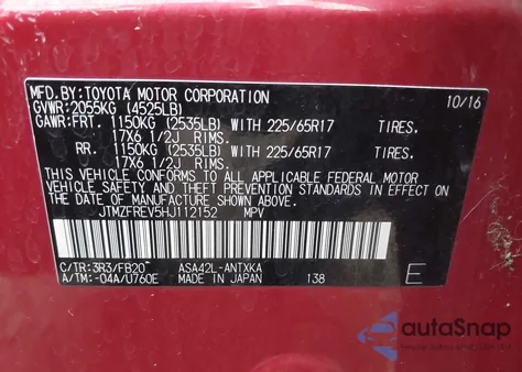 2017 Toyota Rav4 Le z USA, uszkodzony, nr VIN JTMZFREV5HJ112152